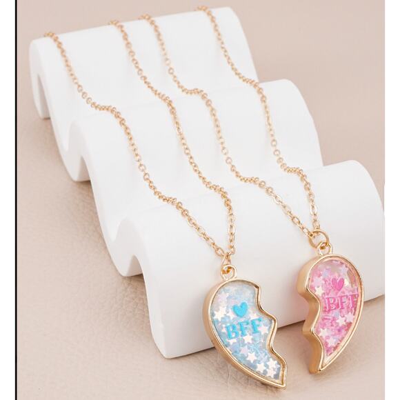 BFF Heart Necklace Set Blue Pink Best Friends Matching Pendant Gold Chain Cute - Picture 2 of 6